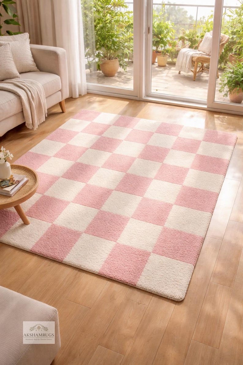 Pink Rup Pattern Hand Tufted Wool Rug, Pink and Cream Checkered Rug, Modern Art Danish ...