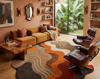Handgetufteter Wollteppich 150x220 | Mid Century modernes gewelltes Muster | Erdton Braun Orange Teppich für Wohnzimmer Dekor