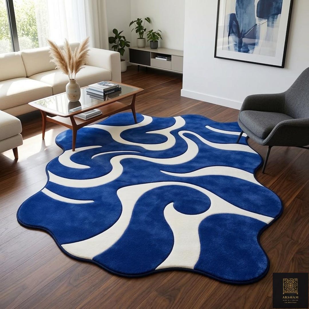 Abstract Wavy Irregular Shaped Rug Blue and White | Hand Tufted Wool ...