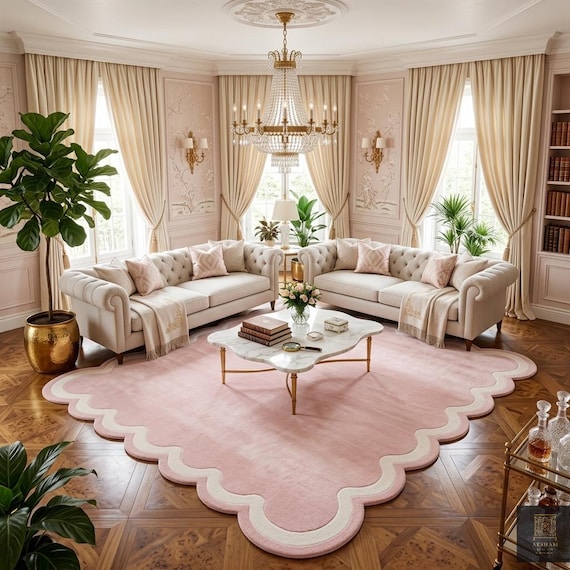 Blush Pink Scalloped Rug | Modern 3D Sculpted Area Rug for Nursery or Aesthetic Bedroom | Soft Pastel Wavy Edge Floor Decor