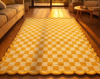 Yellow Checkered Scalloped Rug, Hand Tufted Wool Area Rug, Wavy Edge Checkerboard Carpet for Living Room, Danish Pastel Nursery Decor 6x9