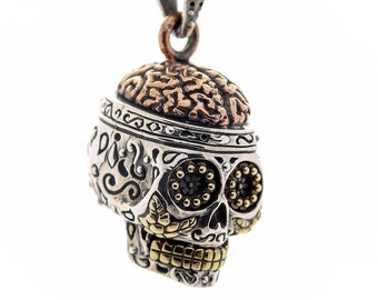 Day of the Dead 1-50mm Large Sterling Silver Carved Sugar Skull Pendant Onyx Gemstone Eyes GS18-0113G Statement Pendant Skull Jewelry