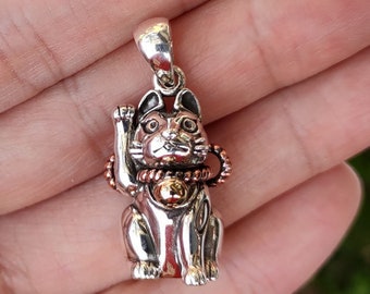 Japanese Japanese Maneki-Neko Cat Pendant, Sterling Silver Good Luck Pendant by SterlingMalee