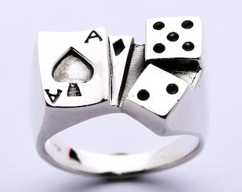 Ace Card Sterling Silver Dice Lucky Gamble Ring