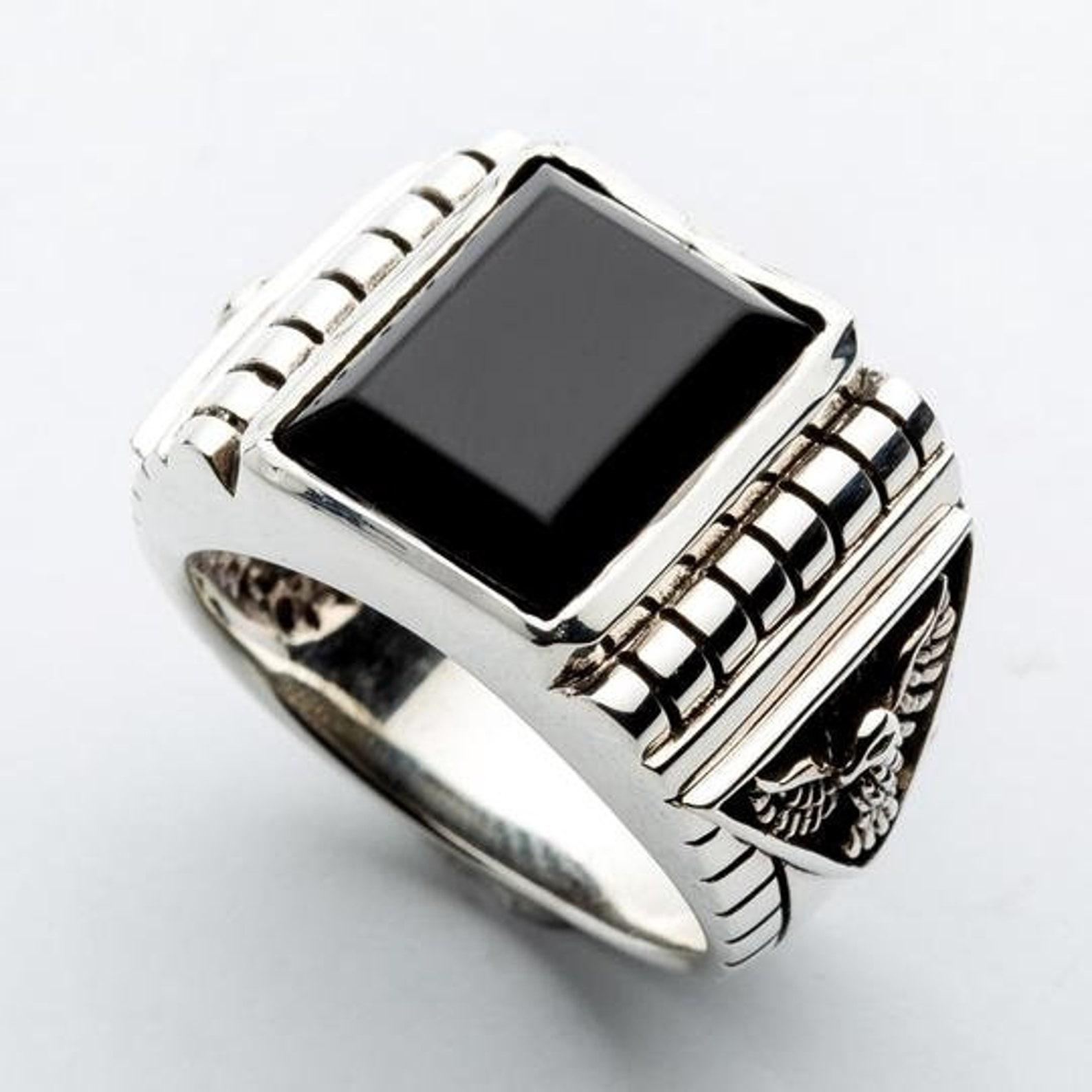 Black Onyx Men's Ring Silver Eagle Ring Rocker Ring Etsy