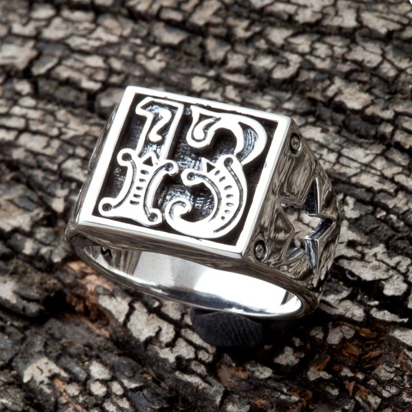 Bague en argent sterling, bague de motard, bague numéro 13, bague homme en argent par SterlingMalee