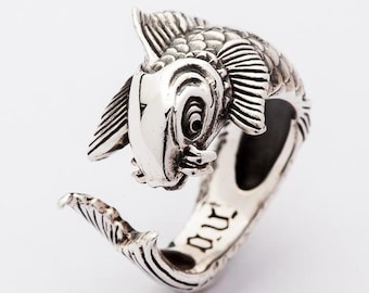 Silver Koi Ring, Koi Tattoo Fish Ring, Carp Ring, Fish Ring, Adjustable Ring by SterlingMalee