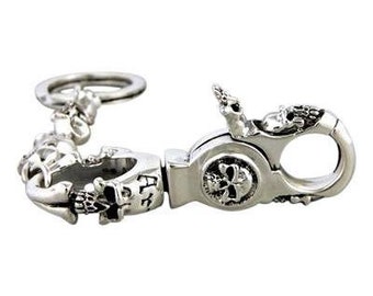 925 Sterling Silver Devil Skull KeyChain Gothic Biker Key Chain Wallet Holder