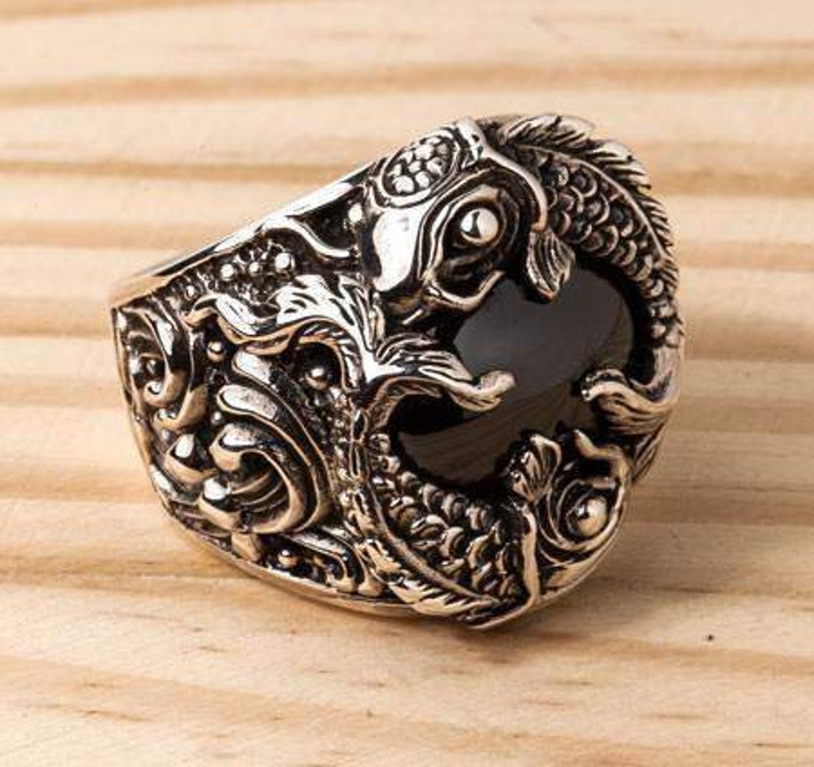 Men's Onyx Ring Sterling Silver Onyx Ring Japanese Koi Etsy