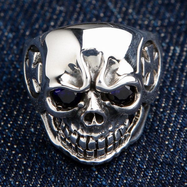 Silver Men's Ring, Sterling Silver Blue Sapphire Men's Ring, Silver Skull Ring, Devil Ring by SterlingMalee