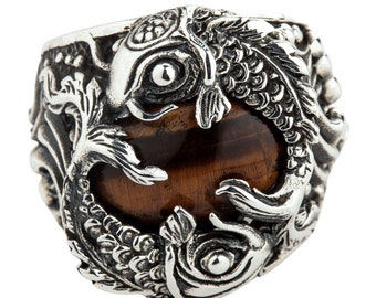 Tigers Eye Mens Bague Argent Sterling Koi Japonais