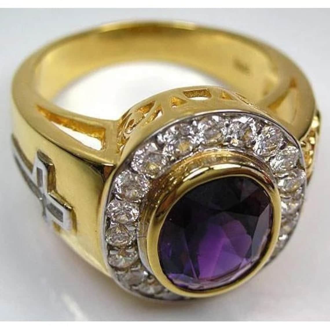 14K Yellow Gold Ring Amethyst Christian Ring Etsy
