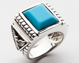 Turquoise Men's Ring, Men's Turquoise Ring, Silver Men's Ring, Eagle Ring by SterlingMalee