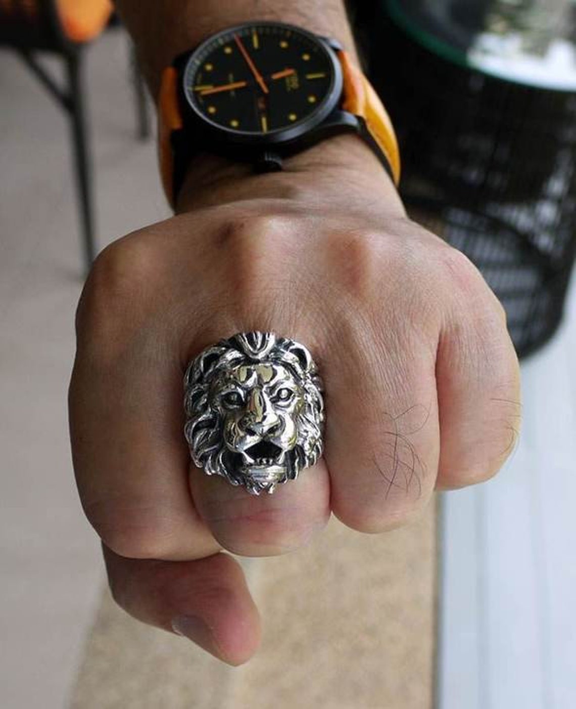 Silver Biker Ring Lion Ring Leo Lion Head Men's Ring Etsy