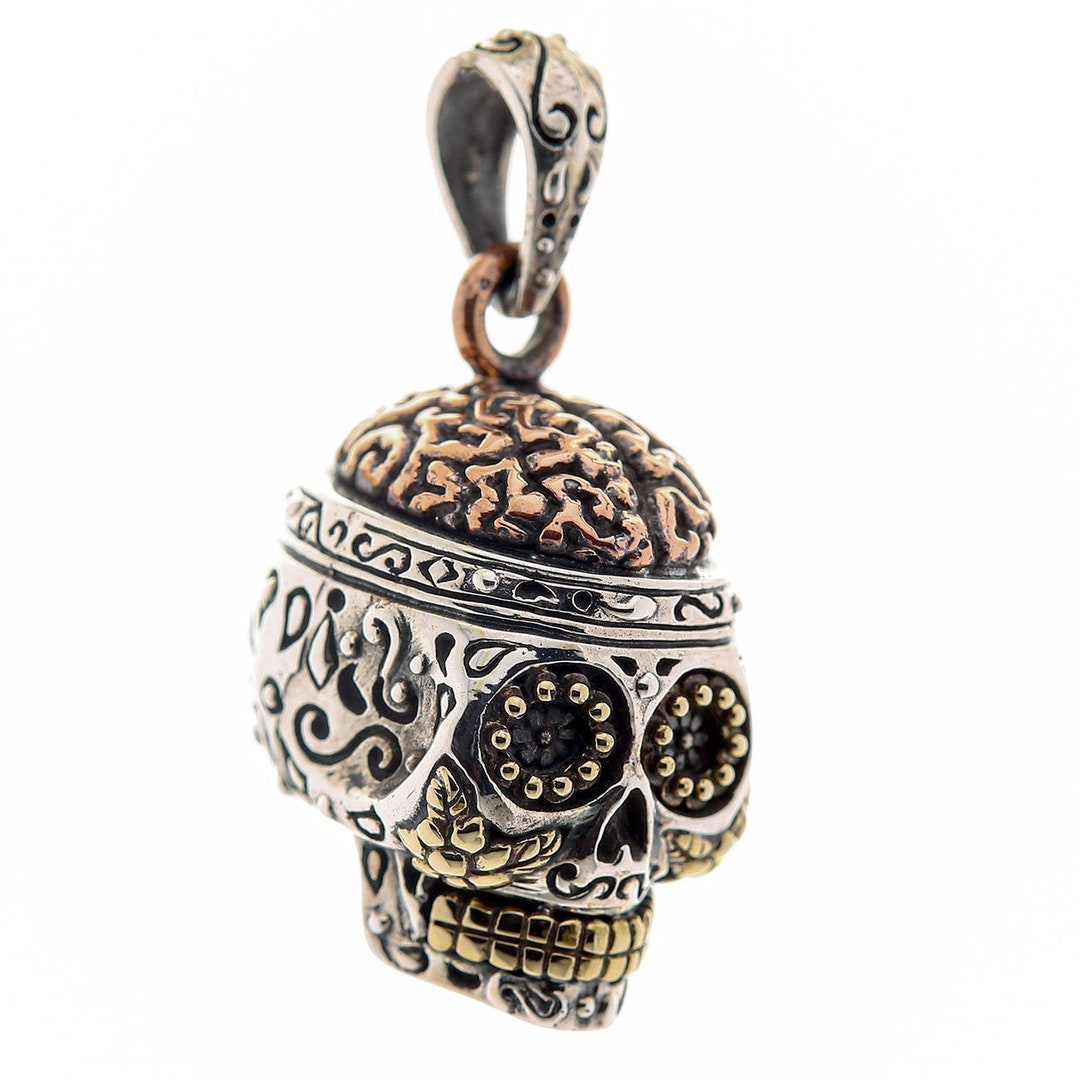 Brain Sugar Skull Pendant, Sterling Silver Mexican Skull Pendant  
