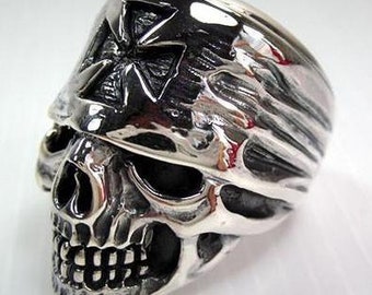 Anillo de motociclista Bandana, anillo de plata de cráneo, anillo de plata de ley, anillo cruzado de SterlingMalee