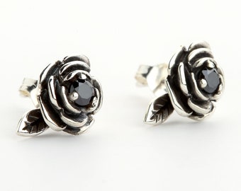 Black Rose Earrings, Stud Earrings, Sterling Silver Flower Earrings by SterlingMalee