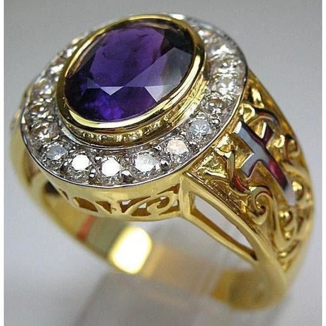 14K Yellow Gold Ring Amethyst Christian Ring Etsy