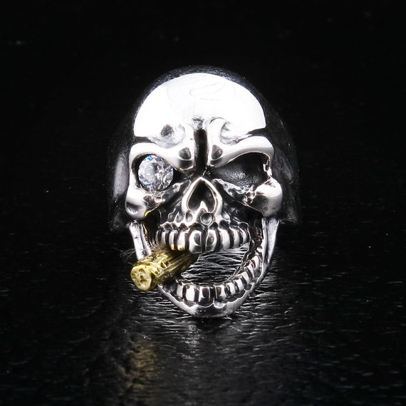 Diamond Eye Skull Ring, 925 Sterling Silver Men's Ring, Biker Ring
