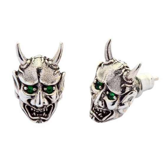 Green Eyes Japanese Skull Oni Mask Earrings Etsy