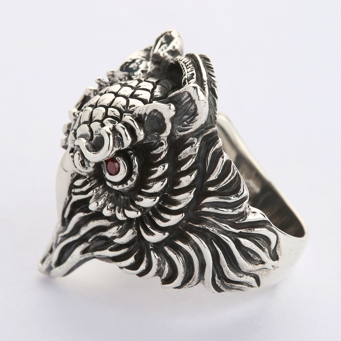 Owl Ring Sterling Silver Red Eyes Owl Head Ring by Etsy