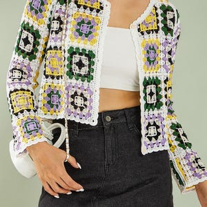 Granny Square Crochet Cardigan, Boho Patchwork Knit Jacket, 70s Inspired Top