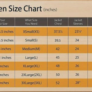 Op de afbeelding: Een maattabel voor dames in inches, met jasmaten. Maten vari&euml;ren van XS tot 3XL, met borstomvang van 82.5 cm tot 122 cm. De tabel toont borst-, mouw- en schouderafmetingen op een houten achtergrond.