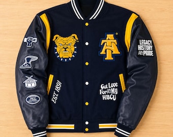 North Carolina A&T Aggie Pride Varsity-jack, HBCU Letterman-jack, NCAT-bomberjack, leren collegewollen jack