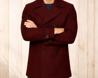 Mens Burgundy Wool Peacoat Coat, Double Breasted Winter Coat Men, Classic Military Style Overcoat, Warm Winter Jacket, Vintage Pea Coat