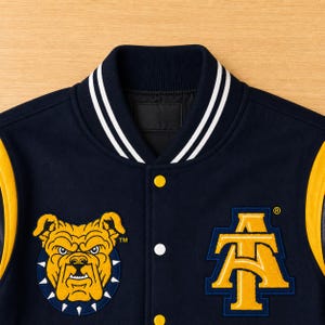 Hbcu varsity jacket navy wool & leather sleeves | embroidered patches aggie pride