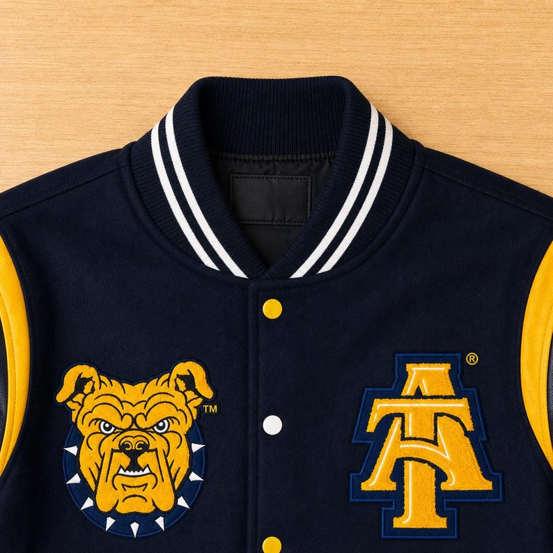 Hbcu varsity jacket navy wool & leather sleeves | embroidered patches aggie pride