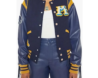 Western Fringe Varsity Jacket Women, Blue Yellow Letterman Jacket, Mother Patch Jacket, Vintage College Bomber Jacket, Custom Varsity Coat