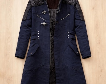 Jas Devil May Cry 5 Nero, lange blauwe jas DMC 5 cosplay, Nero Halloween-kostuumjas, Trenchcoat animegame, leren schouderjas heren