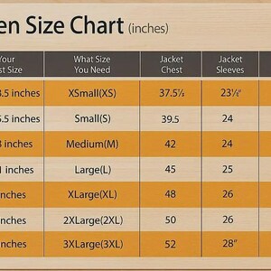 May include: A Women's Size Chart in inches, with measurements for jacket chest, sleeves, and shoulders. Sizes range from XSmall to 3XLarge, with bust sizes from 32.5 to 48 inches. The chart is on a light wood-grain background.