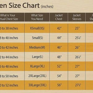 May include: A men's size chart in inches, with chest, sleeve, and shoulder measurements. Sizes range from XSmall (36-38 inches chest) to 3XLarge (50-52 inches chest). The chart is on a light brown background.