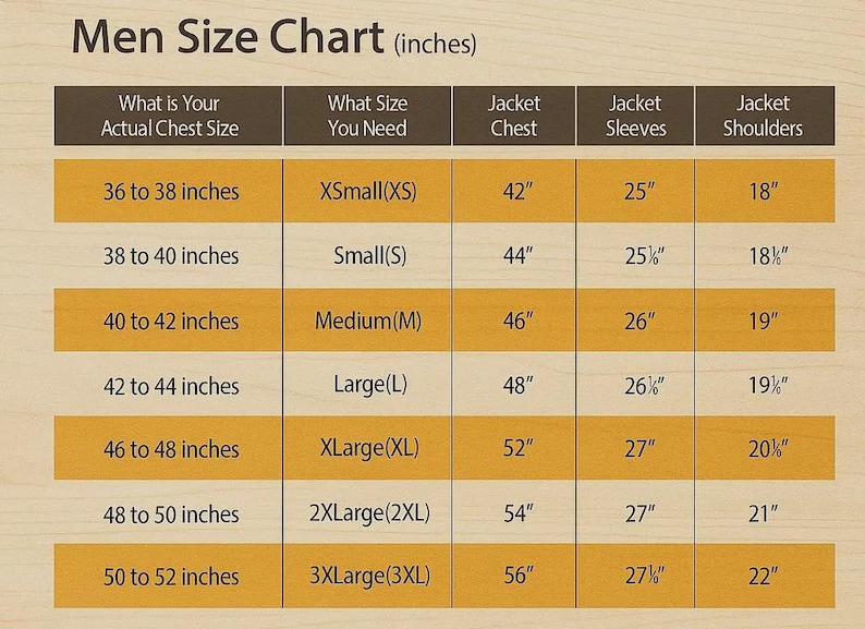 May include: A men's size chart in inches, with chest, sleeve, and shoulder measurements. Sizes range from XSmall (36-38 inches chest) to 3XLarge (50-52 inches chest). The chart is on a light brown background.