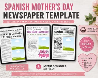 Editable Spanish Mother's Day Newspaper Template | Día de las Madres Gift (Digital Download)