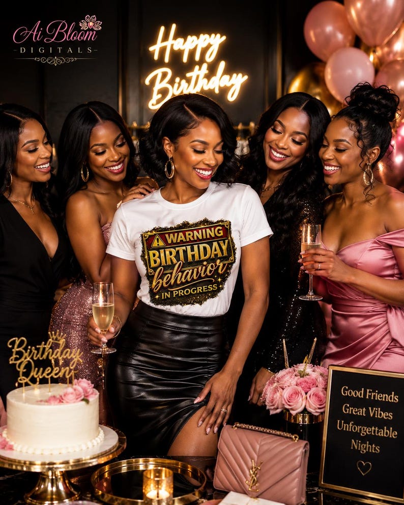 May include: A white t-shirt featuring a rectangular graphic with a yellow warning triangle and the text WARNING BIRTHDAY behavior IN PROGRESS in gold and black lettering. The design is centered on the chest of the shirt, which is worn with a black skirt.