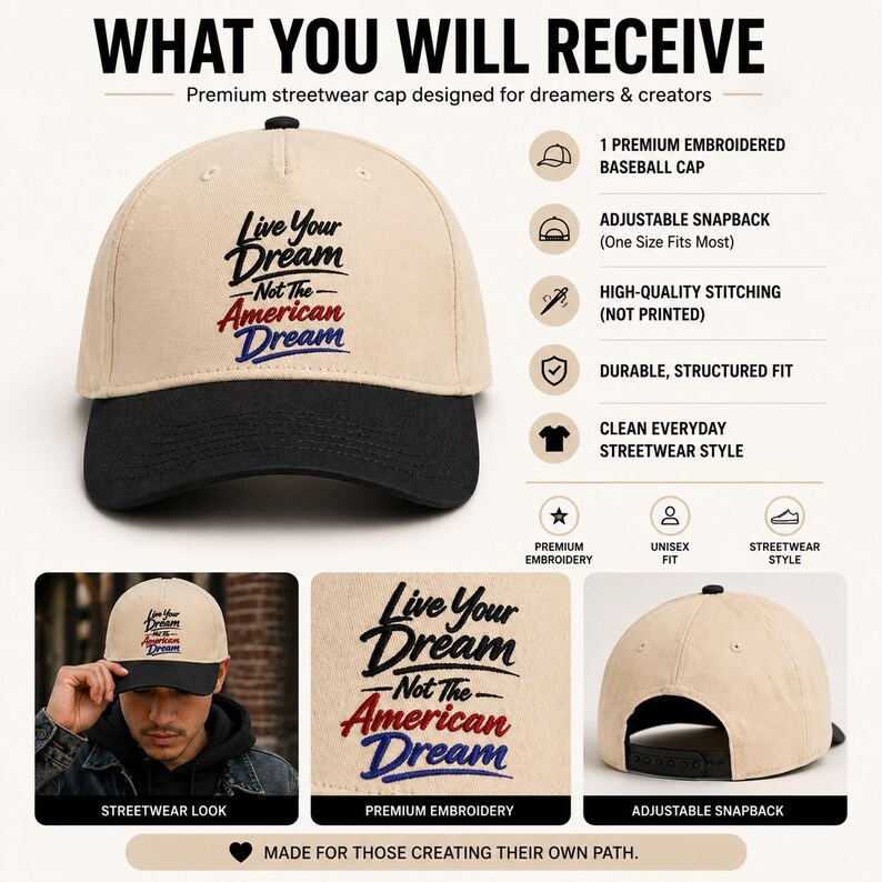 Embroidered Baseball Cap, Live Your Dream Streetwear Snapback ...