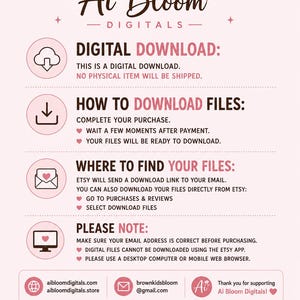 K&ouml;nnte beinhalten: Rosa-wei&szlig;e Grafik mit dem Text "Ai Bloom Digitals" und Anweisungen zum Herunterladen digitaler Dateien von Etsy. Das Bild enth&auml;lt Symbole und Kontaktinformationen f&uuml;r den Kundensupport.