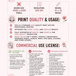 May include: An informational graphic for Ai Bloom Digitals listing design specifications including 4500 x 5400 pixels, 300 DPI, and 15 x 18 inches. It details print quality, commercial use license terms, restrictions, and file types like PDF and Canva.