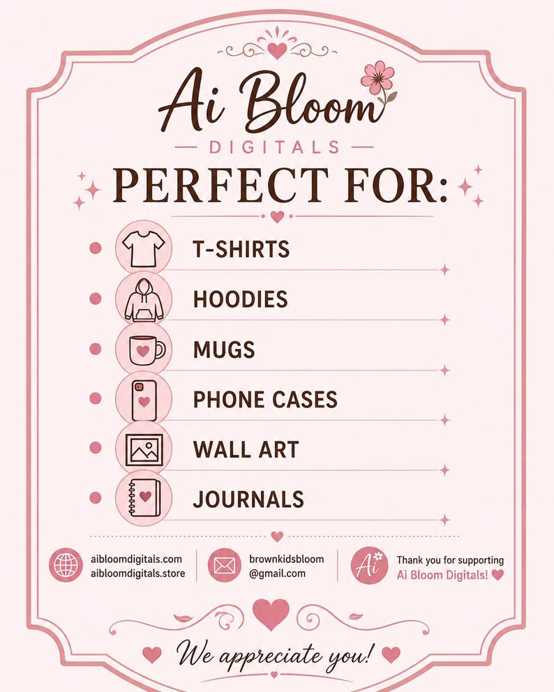 Puede incluir: Un gr&aacute;fico informativo de color rosa claro con texto marr&oacute;n oscuro titulado Ai Bloom DIGITALS. Enumera aplicaciones que incluyen T-SHIRTS, HOODIES, MUGS, PHONE CASES, WALL ART y JOURNALS, cada una con un icono. Se incluyen datos de contacto y una nota de agradecimiento.