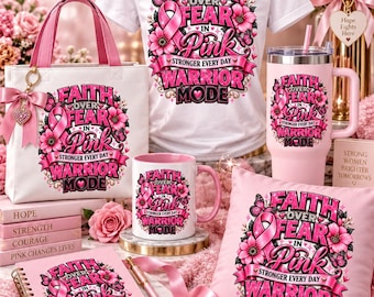 Faith Over Fear Breast Cancer Awareness PNG, Pink Ribbon Warrior Design (PNG Digital Download)