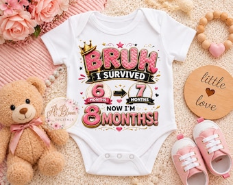 Bruh I Survived 8 Months Baby PNG, Funny Milestone Shirt Design (Digital Download)