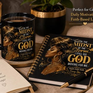 K&ouml;nnte beinhalten: Eine schwarze Kaffeetasse und ein Spiralnotizbuch mit dem Text "IN THE MIDST OF THE STORM... I STILL SEE GOD MOVING FOR ME." Die Tasse und das Notizbuch zeigen ein gold-schwarzes Design einer Frau. Ein Stift und ein kleines Notizbuch sind ebenfalls vorhanden.