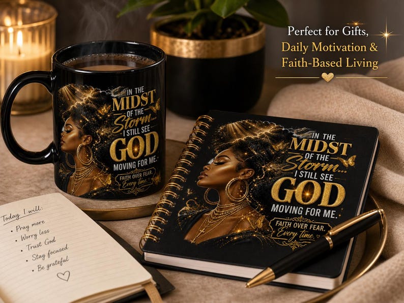 K&ouml;nnte beinhalten: Eine schwarze Kaffeetasse und ein Spiralnotizbuch mit dem Text "IN THE MIDST OF THE STORM... I STILL SEE GOD MOVING FOR ME." Die Tasse und das Notizbuch zeigen ein gold-schwarzes Design einer Frau. Ein Stift und ein kleines Notizbuch sind ebenfalls vorhanden.