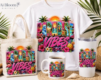 May include: A white t-shirt, a beige canvas tote bag, a white ceramic mug, and a white stainless steel tumbler, each featuring a colorful tropical graphic with the text "PARADISE VIBES," palm trees, a sunset, a flamingo, and a pineapple.