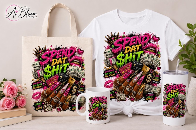 Puede incluir: Una camiseta blanca, una bolsa de tela beige y un vaso blanco, cada uno con un estampado gr&aacute;fico con el texto "SPEND DAT SHIT", fajos de billetes, tarjetas de cr&eacute;dito, una corona, labios y una mano con u&ntilde;as largas decoradas en tonos rosa y oro.