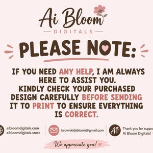 K&ouml;nnte beinhalten: Ein digitales Design mit dem Text "Ai Bloom DIGITALS" und einer Nachricht: "BITTE BEACHTEN: Wenn Sie Hilfe ben&ouml;tigen, bin ich immer f&uuml;r Sie da. Bitte &uuml;berpr&uuml;fen Sie Ihr gekauftes Design sorgf&auml;ltig, bevor Sie es zum Drucken senden."