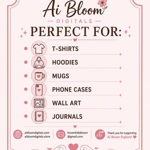 May include: A light pink informational graphic with dark brown text and icons. The header reads Ai Bloom DIGITALS and PERFECT FOR. A list follows with icons for t-shirts, hoodies, mugs, phone cases, wall art, and journals. Contact info is at the bottom.
